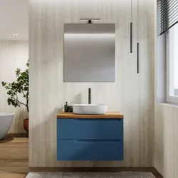 Mobile bagno sospeso 80 cm blu oceano cannettato con top rovere gold - Konai plus