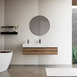 Mobile bagno sospeso 120 cm rovere america con lavabo alto effetto marmo apuano imperiale e specchio - Rodeo