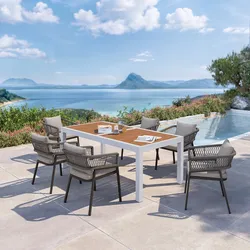 Set pranzo tavolo 200/300x100 cm top caramello e 6 sedie in alluminio marrone e corda cacao - Clerc