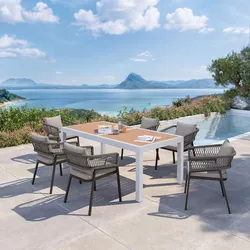 Set pranzo tavolo 200/300x100 cm top miele e 6 sedie in alluminio marrone e corda cacao - Clerc