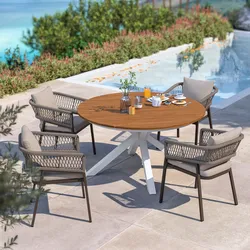 Set pranzo tavolo rotondo 140 cm top caramello e 4 sedie in alluminio marrone e corda cacao - Clerc