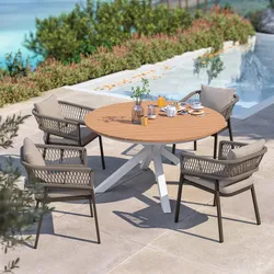 Set pranzo tavolo rotondo 140 cm top miele e 4 sedie in alluminio marrone e corda cacao - Clerc