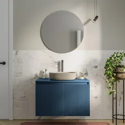 Mobile bagno sospeso con ante 80 cm blu oceano cannettato con top - Nerk