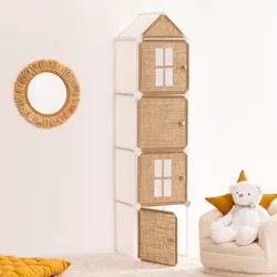 Mobile contenitore 34x139h cm in acciaio bianco con ante rivestitive in juta naturale - Kids