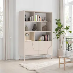 Libreria 104x155 cm cashmere con 2 ante sagomate push and pull e vani a giorno - Selen