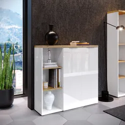 Mobile contenitore 120x115h cm bianco lucido e top rovere artisan con 2 ante e vani a giorno - Isaac