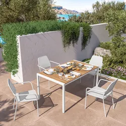 Set pranzo con tavolo 150x90 cm top in polywoood e 4 sedie con braccioli in metallo bianco - Dama