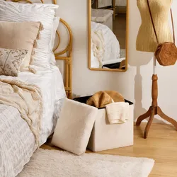 Pouf contenitore pieghevole 38x38 cm in tessuto bouclé bianco - Samirel