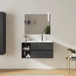 Mobile bagno sospeso 100 cm con cassetti e vano a giorno 30 cm antracite con lavabo dx - Cuki