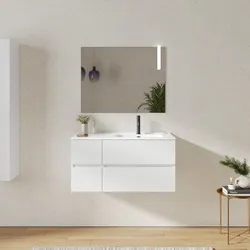 Mobile bagno sospeso 100 cm con vano con cassetti 30 cm bianco opaco e lavabo dx - Cuki