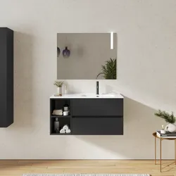 Mobile bagno sospeso 100 cm con cassetti e vano a giorno 30 cm nero opaco con lavabo dx - Cuki