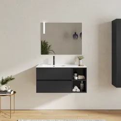Mobile bagno sospeso 100 cm con cassetti e vano a giorno 30 cm nero opaco con lavabo sx - Cuki
