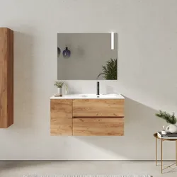 Mobile bagno sospeso 100 cm con cassetti e vano con anta 30 cm rovere gold con lavabo dx - Cuki