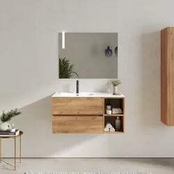 Mobile bagno sospeso 100 cm con cassetti e vano a giorno 30 cm rovere gold con lavabo sx - Cuki