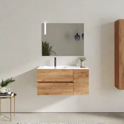 Mobile bagno sospeso 100 cm con cassetti e vano con anta 30 cm rovere gold con lavabo sx - Cuki
