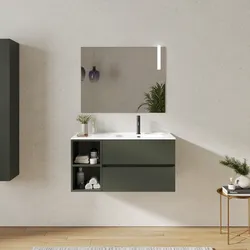 Mobile bagno sospeso 100 cm con cassetti e vano a giorno 30 cm verde cemento con lavabo dx - Cuki