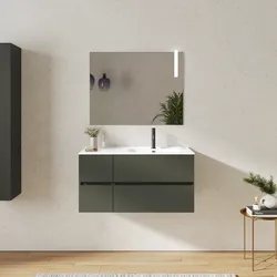 Mobile bagno sospeso 100 cm con vano con cassetti 30 cm verde cemento e lavabo dx - Cuki