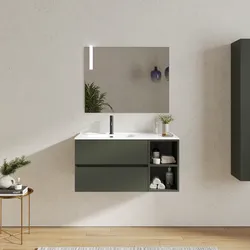 Mobile bagno sospeso 100 cm con cassetti e vano a giorno 30 cm verde cemento con lavabo sx - Cuki