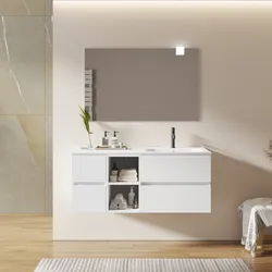 Mobile bagno sospeso 120 cm con vano a giorno e vano con cassetti bianco opaco con lavabo dx - Cuki