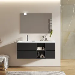 Mobile bagno sospeso 120 cm con vano a giorno e vano con cassetti nero opaco con lavabo sx - Cuki