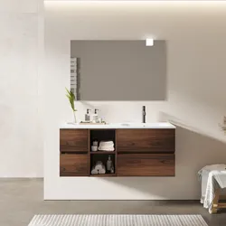 Mobile bagno sospeso 120 cm con vano a giorno e vano con cassetti rovere deciso con lavabo dx - Cuki