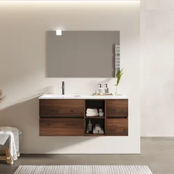 Mobile bagno sospeso 120 cm con vano a giorno e vano con cassetti rovere deciso con lavabo sx - Cuki