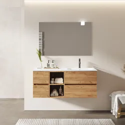 Mobile bagno sospeso 120 cm con vano a giorno e vano con cassetti rovere gold con lavabo dx - Cuki