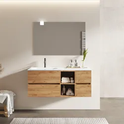 Mobile bagno sospeso 120 cm con vano a giorno e vano con cassetti rovere gold con lavabo sx - Cuki