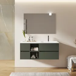 Mobile bagno sospeso 120 cm con vano a giorno e vano con cassetti verde cemento con lavabo dx - Cuki