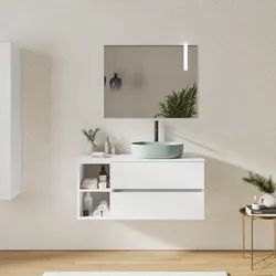 Mobile bagno sospeso 110 cm con cassetti e vano a giorno 30 cm bianco opaco con top - Cuki