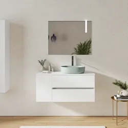 Mobile bagno sospeso 110 cm con cassetti e vano con anta 30 cm bianco opaco con top - Cuki