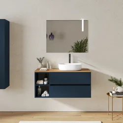 Mobile bagno sospeso 110 cm con cassetti e vano a giorno 30 cm blu esotico con top rovere gold - Cuki