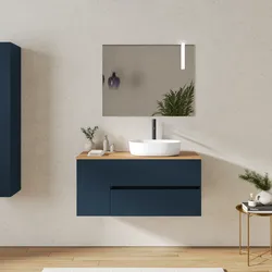 Mobile bagno sospeso 110 cm con cassetti e vano con anta 30 cm blu esotico con top rovere gold - Cuki