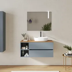 Mobile bagno sospeso 110 cm con cassetti e vano a giorno 30 cm carta da zucchero con top rovere gold - Cuki