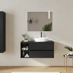 Mobile bagno sospeso 110 cm con cassetti e vano a giorno 30 cm nero opaco con top - Cuki