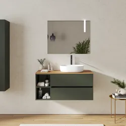 Mobile bagno sospeso 110 cm con cassetti e vano a giorno 30 cm verde cemento con top rovere gold - Cuki