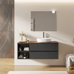 Mobile bagno sospeso 130 cm con cassetti e vano a giorno 40 cm antracite con top rovere deciso - Cuki