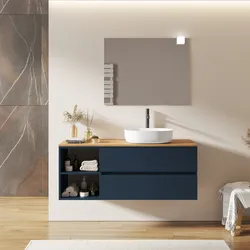 Mobile bagno sospeso 130 cm con cassetti e vano a giorno 40 cm blu esotico con top rovere gold - Cuki