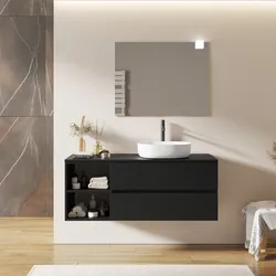 Mobile bagno sospeso 130 cm con cassetti e vano a giorno 40 cm nero opaco con top - Cuki