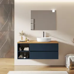 Mobile bagno sospeso 140 cm con cassetti e vano a giorno 40 cm blu esotico con top rovere gold - Cuki
