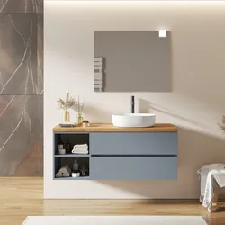 Mobile bagno sospeso 140 cm con cassetti e vano a giorno 40 cm carta da zucchero con top rovere gold - Cuki