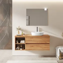 Mobile bagno sospeso 140 cm con cassetti e vano a giorno 40 cm rovere gold con top - Cuki