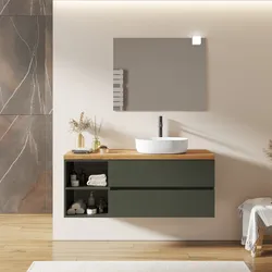 Mobile bagno sospeso 140 cm con cassetti e vano a giorno 40 cm verde cemento con top rovere gold - Cuki