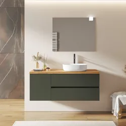 Mobile bagno sospeso 140 cm con cassetti e vano con anta 40 cm verde cemento con top rovere gold - Cuki