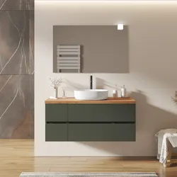 Mobile bagno sospeso 140 cm con doppio vano con cassetti verde cemento e top alto rovere gold - Cuki