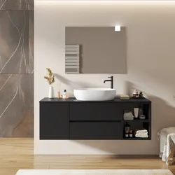 Mobile bagno sospeso 150 cm con cassetti e vano a giorno e vano con anta nero opaco con top - Cuki