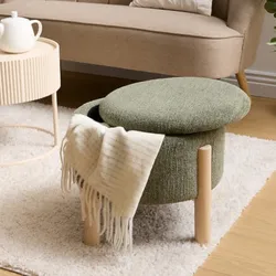 Pouf contenitore rotondo 46 cm in ciniglia verde e gambe in legno - Helsinki