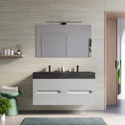 Mobile bagno sospeso 120 cm 4 cassetti bianco opaco con lavabo alto doppia vasca effetto marmo dolomite striato - Tayga