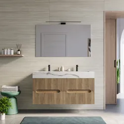 Mobile bagno sospeso 120 cm 4 cassetti rovere acero con lavabo alto doppia vasca effetto marmo apuano imperiale - Tayga