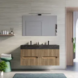 Mobile bagno sospeso 120 cm 4 cassetti rovere acero con lavabo alto doppia vasca effetto marmo dolomite striato - Tayga